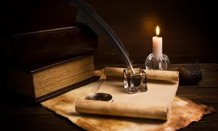 An old-fashioned poetry writing accessories