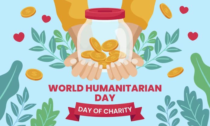 One hand has a donation box with coins in it.