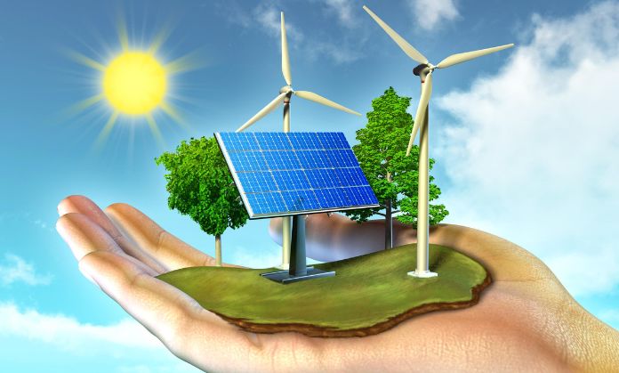 (world environment day) Solar energy, trees, wind fan