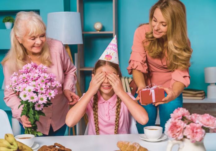 Daughter covering her eyes and a mother standing behind her