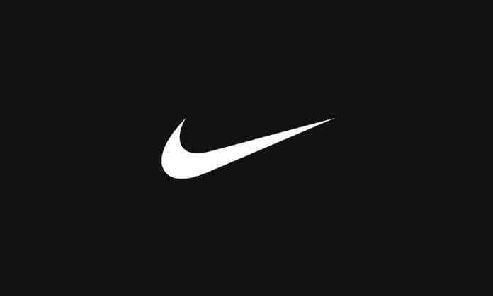 a white swoosh logo on a black background 