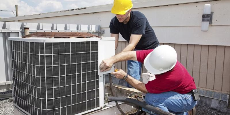 a group of men working on a air conditioner