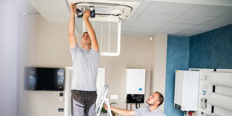 a person on ladder holding a drill